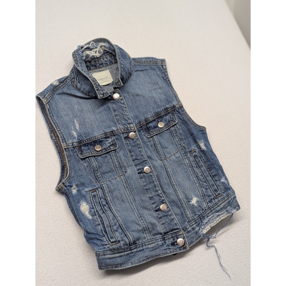 American Eagle Outfitters Distressed Denim Vest Medium Wash Blue Womens Small